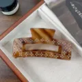 Brown tortoiseshell hair claw clip with rhinestone clover design, elegant hair accessory for women. - Striped Brown Rectangle / 10cm
