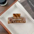 Brown tortoiseshell hair claw clip with rhinestone flower pattern, elegant acetate shark clip. - Striped Brown Rectangle - Small / 7.2cm