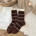 Cozy faux mink striped mid-calf socks for women, retro brown and blue winter thermal warm hosiery. - One Size / Stripe