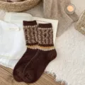 Retro winter faux mink cashmere striped diamond mid-tube socks warm cozy vintage style - One Size / Dark Coffee