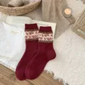 Retro winter faux mink velvet mid-calf socks with cozy floral color-block cuff design. - One Size / Red