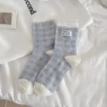 Chaussettes courtes à carreaux bleus pour femmes avec talon blanc bordure en dentelle respirant coton - Taille unique / Gingham Bleu Avec Étiquette