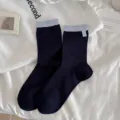Women's black crew socks with light blue ribbed cuffs and cute heart tag, breathable spring wear. - One Size / Heart with Lightning
