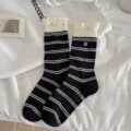 Women striped ruffles short socks summer breathable thin mesh cotton socks fashionable design - One Size / Striped with Large Lace