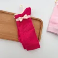 Calze da donna a righe verticali in tinta unita con fiocco, stile estivo sottile traspirante - Taglia unica (senza fiocco) / Rosso rosa