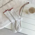 Women's cute cable knit wool socks with red contrast roll cuff, cozy autumn winter crew socks. - One Size / Oatmeal Red