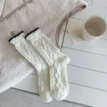 Korean style women's cable knit wool socks featuring cute contrast color rolled hems for autumn. - One Size / Creamy White & Black