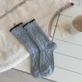 Korean style autumn winter women's wool socks contrast color rolled cuff cable knit long socks - One Size / Light Gray