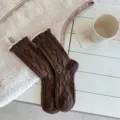 Women brown knit socks winter warm cozy cute twisted pattern rolled cuff crew socks - One Size / Dark Coffee