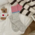 Comodi calzini donna in lana spessa stile coreano colorblock rigati variante tubo medio. - Taglia unica / bianco-rosa