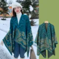 Modischer Damen Strick Schal Umhang, warmer Retro Winter Poncho für Reisen und Alltag. - Klassischer Palast-Blaugrün