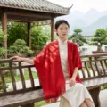 Red knit hollow tassel shawl for women, elegant qipao cape outerwear for indoor and autumn. - Ussuri Hollow Shawl / Red