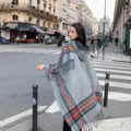 Women grey plaid hooded poncho cape with tassel fringe stylish autumn winter warm outerwear - Gray