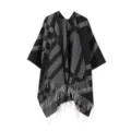 Women winter cashmere feel fringe plaid poncho stylish black grey warm shawl wrap cape - Black
