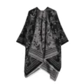 Schwarzer grauer Blumen Vögel Jacquard Umhang Poncho mit Fransen für Herbst und Winter Stil. - Schwarz