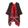 Damen ethnischer Strick Umhang Schal schwarz rot Fransen offene Front Retro Mantel - Schwarz Rot