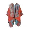 Colorful knitted geometric pattern poncho cape, stylish warm shawl for women daily wear. - Orange