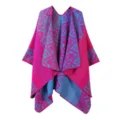 Detailed view of bright pink and blue geometric knit cape, cozy stylish outerwear. - Purple