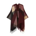 Women British Plaid Split Shawl Autumn Winter Fringe Cape Warm Scarf Outer Cloak - Slate Gray
