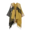 Classic British plaid split cape for women, cozy fringe winter warm knitted shawl and wrap. - Yellow