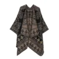 Detailansicht Damen ethnischer Strick Cape, Vintage geometrischer Web Shawl, brauner Poncho. - Schwarz Khaki