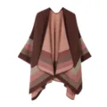 Detailed view of warm knitted striped poncho shawl, soft winter cape texture design. - Four Stripes - Brown