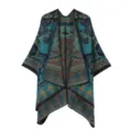 Exquisites ethnisches Strickschal-Detail, elegantes geometrisches Damen-Poncho-Cape. - Blaugrün