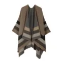 Women's autumn winter knit poncho cape stylish striped warm outer shawl wrap detail - Four Stripes - Khaki
