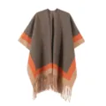 Cozy brown knit poncho with orange stripe and fringe hem, soft winter warm cape accessory. - Robe / Orange