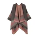 Detailed view of women knit poncho cape, cozy striped winter outerwear shawl for daily. - Four Stripes - Gray