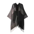 Women's British Plaid Split Shawl Autumn Winter Versatile Fringe Cape Warm Scarf Outerwear - Black
