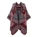 Dames etnische stijl gebreide poncho sjaal, retro geometrisch patroon cape voor herfst en winter. - Rood