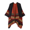 Womens knitted poncho cape winter warm striped shawl outerwear open front casual clothing - Four Stripes - Navy Blue