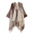 Detailed view of the classic winter plaid tassel cape shawl for women, warm outerwear. - Coffee With Beige