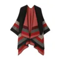 Detailed view of women knitted striped shawl, cozy autumn winter warm cape poncho cardigan. - Four Stripes - Black