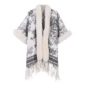 Stilvoller Damen Poncho mit Fellimitat Kragen und kunstvollem Print im Winter. - Morgenmantel / Pelzkragen-Tuschezeichnung - Grau