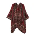 Vintage Paisley Faux Cashmere Cape Women Warm Open Front Poncho Fashion Classic Outerwear - Red