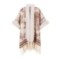 Damen Kunstfell Kragen Poncho Cape Retro Tinte Malerei Druck Fransen Schal Winter warmer Umhang - Morgenmantel / Pelzkragen-Tuschezeichnung - Camel