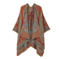 Retro paisley print women's poncho cape, warm open front fleece shawl for stylish wear. - Orange