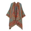 Vintage paisley imitation cashmere shawl for women, stylish warm open front poncho cape. - Blue Orange