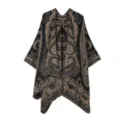 Retro paisley pattern cashmere-feel cape, stylish open-front design for cozy daily wear. - Black Khaki