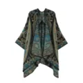 Vintage paisley knitted open front poncho cape for women warm stylish outerwear shawl. - Yellow