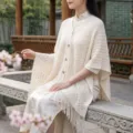 White Chinese style knitted shawl women summer thin tassel sun protection cape cardigan cloak - Buckled Hollow-Out Cardigans - Beige