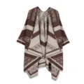 Cozy autumn winter knit jacquard paisley poncho cape, brown geometric shawl wrap outerwear. - Coffee