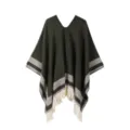 Close-up of the cozy dark green knit poncho featuring elegant grey stripes and soft fringe. - Army Green