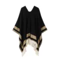Stylish women's black striped knitted poncho cape with fringe, autumn winter wear. - Black Camel