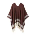Women's winter knitted pullover cape shawl with cozy stripes and fringe hem details. - Coffee
