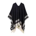 Women winter warm striped pullover poncho cape versatile fashion casual cozy shawl blanket scarf - Navy Blue