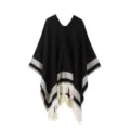 Detailed view of the women winter warm striped pullover shawl cape with chic fringe hemline. - Black Beige