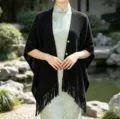 Black knitted tassel shawl cape for women, new Chinese style open front outerwear summer cover-up. - Buckle Hollow Cardigan / Black